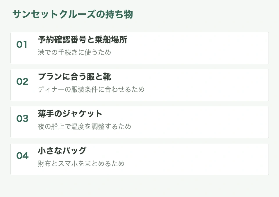 サンセットクルーズの持ち物と用途をまとめた整理図